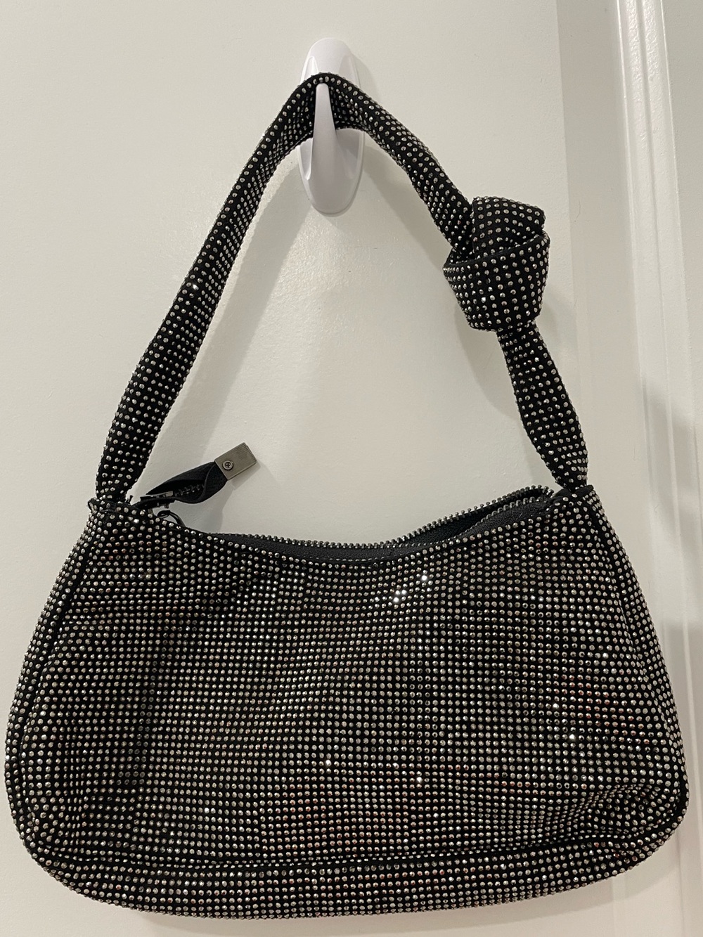 Y2K Black and Gold Rhinestone Knot Dumpling Bag Sparkly Crystal Evening Purse